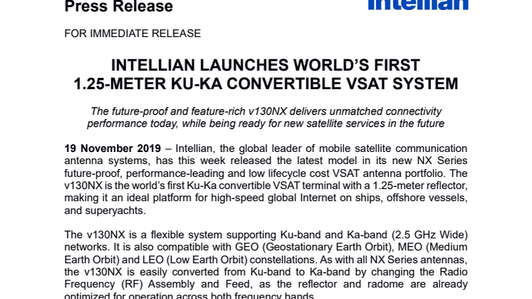 INTELLIAN LAUNCHES WORLD’S FIRST 1.25 METER KU-KA CONVERTIBLE VSAT SYSTEM 