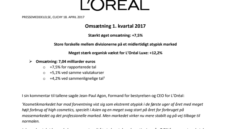 L'Oréal noterer stærkt øget omsætning med +7,5% 1. kvartal 2017