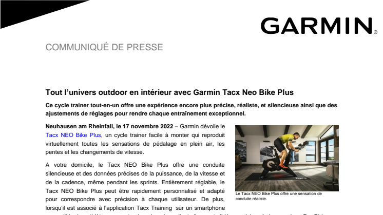 Garmin Communiqué de presse Tacx Neo Bike Plus
