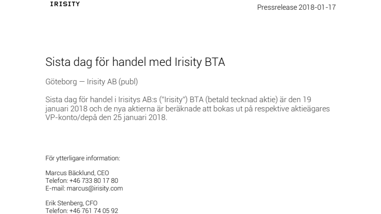 Sista dag för handel med Irisity BTA