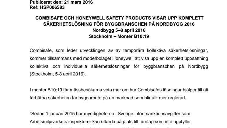   Combisafe och Honeywell Safety Products visar upp komplett säkerhetslösning för byggbranschen på Nordbygg 2016