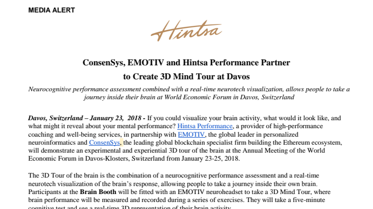 ConsenSys, EMOTIV and Hintsa Performance Partner to Create 3D Mind Tour at Davos