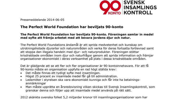 The Perfect World Foundation har beviljats 90-konto