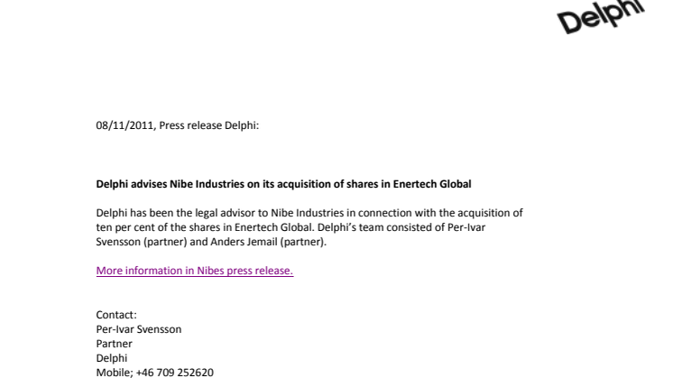 Delphi advises Nibe Industries on its acquisition of shares in Enertech Global 