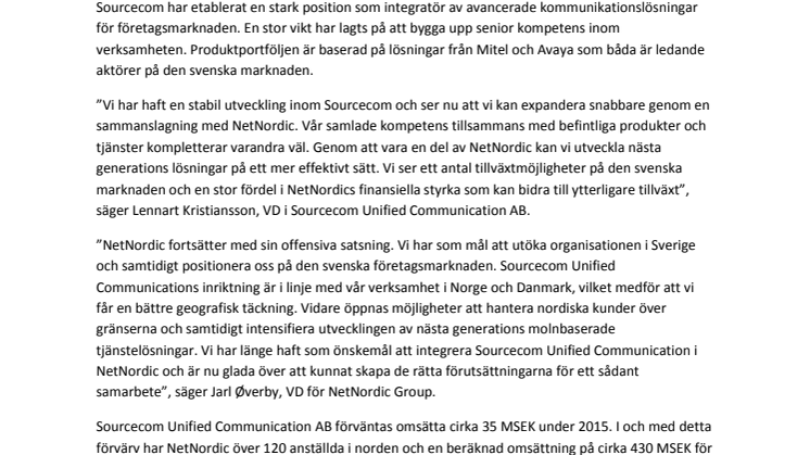 Sourcecom Unified Communication AB går ihop med NetNordic