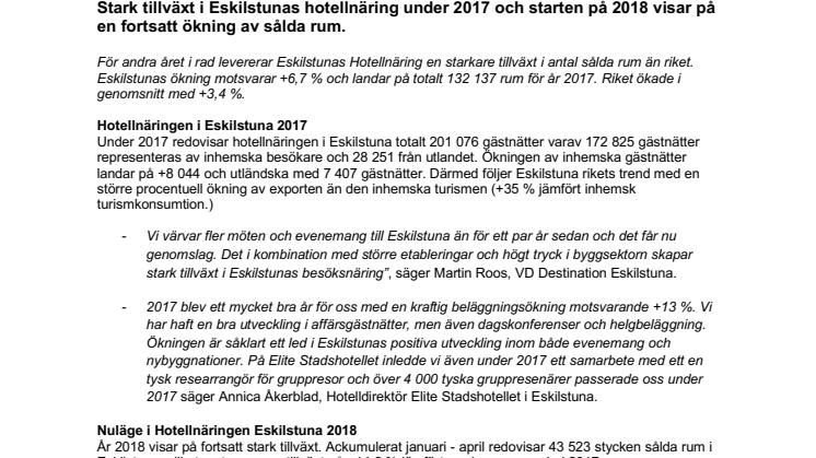 Stark tillväxt i Eskilstunas hotellnäring under 2017 och starten på 2018 visar på en fortsatt ökning av sålda rum.