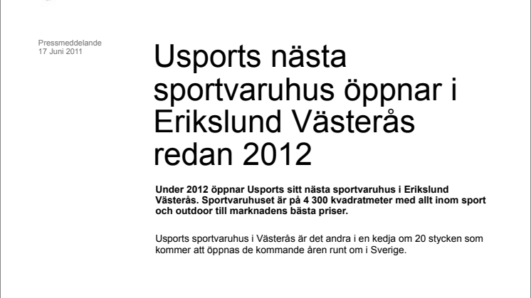 Usports nästa sportvaruhus öppnar i Erikslund Västerås redan 2012