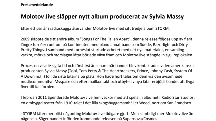 Molotov Jive släpper nytt album producerat av Sylvia Massy