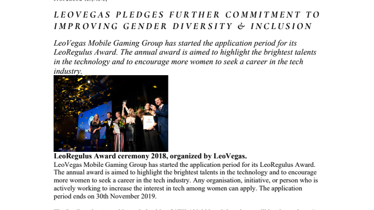 LeoVegas pledges further commitment to improving gender diversity & inclusion in the tech sector via LeoRegulus Award