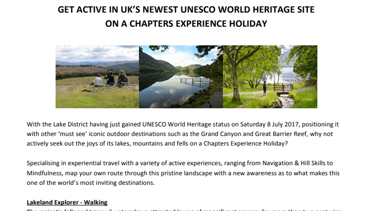 GET ACTIVE IN UK’S NEWEST UNESCO WORLD HERITAGE SITE  ON A CHAPTERS EXPERIENCE HOLIDAY 