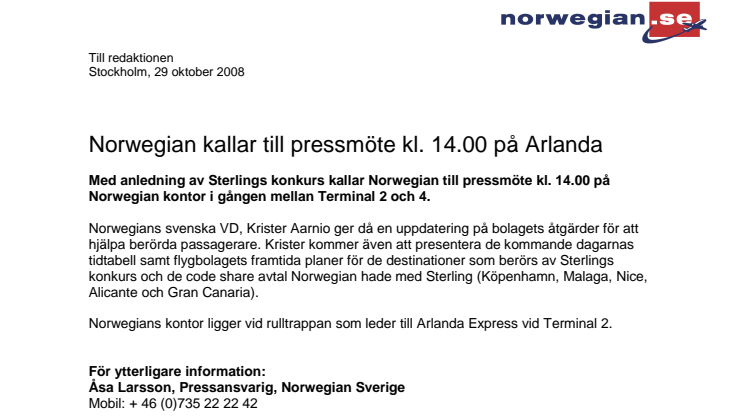 Norwegian kallar till pressmöte kl. 14.00 på Arlanda