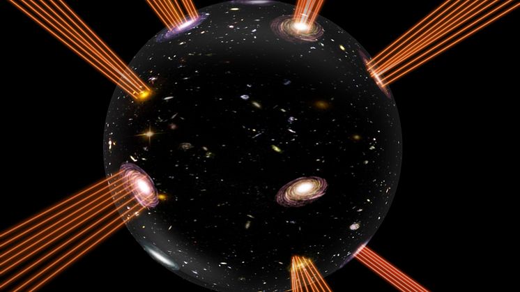 Bilden visar vårt universum som randen på en expanderande bubbla. Strålarna som spretar ut från den representerar strängarna vars ändpunkter utgör materien i vårt universum.  Credit: Suvendu Giri