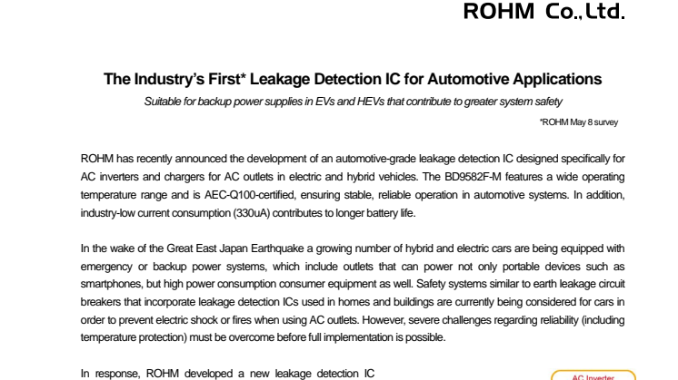 The Industry’s First* Leakage Detection IC for Automotive Applications: Suitable for backup power supplies in EVs and HEVs that contribute to greater system safety