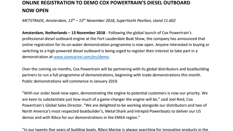 Online Registration to Demo Cox Powertrain's Diesel Outboard now Open 