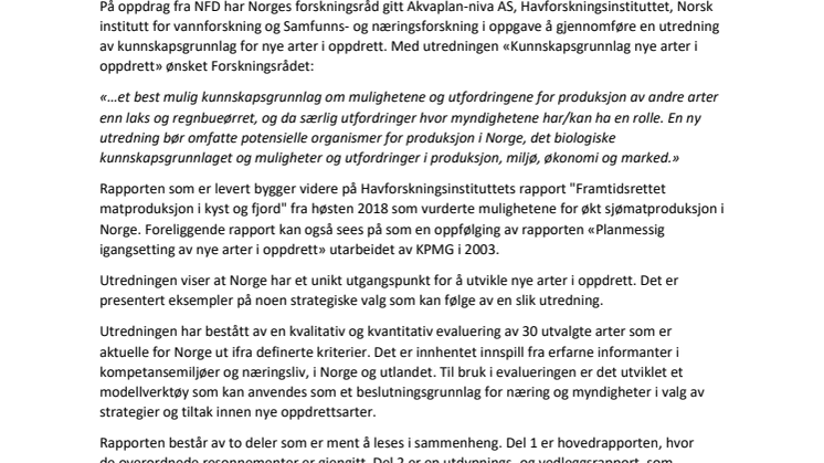 Ny rapport: evaluering av nye oppdrettsarter