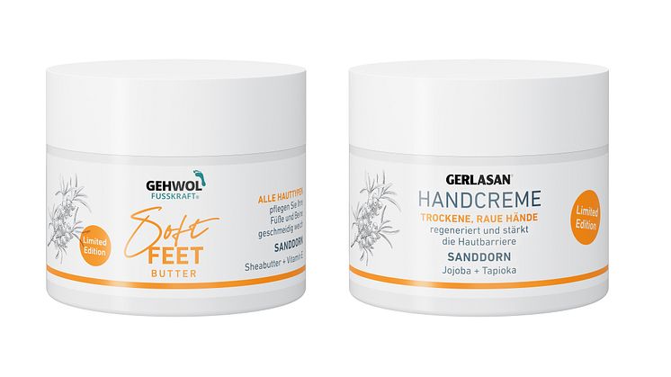 Limited Edition für Herbst und Winter im 50-ml-Tiegel: GEHWOL FUSSKRAFT Soft Feet Butter plus GERLASAN Handcreme mit Sanddorn 