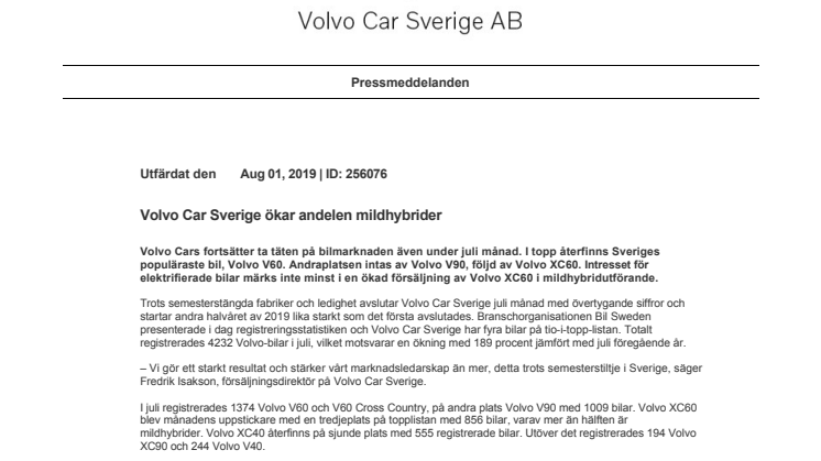 Volvo Car Sverige ökar andelen mildhybrider