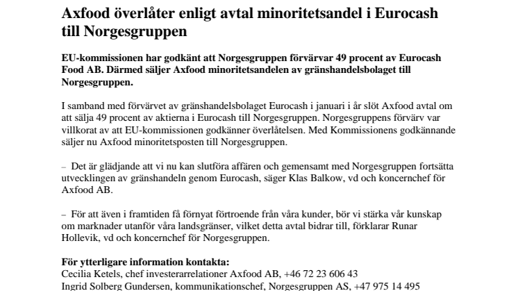 Axfood överlåter enligt avtal minoritetsandel i Eurocash till Norgesgruppen