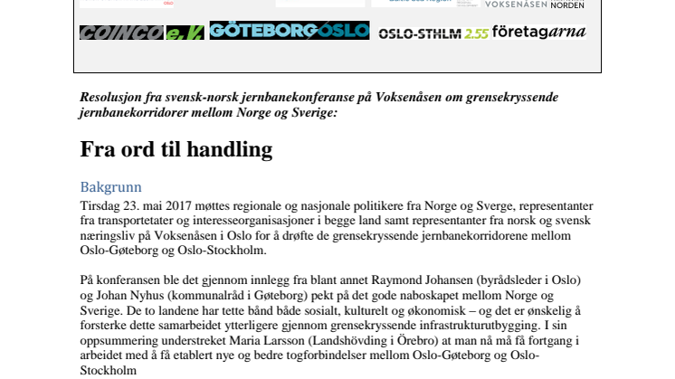 Fra ord till handling - resolution om bedre togforbindelser mellom Oslo-Stockholm og Oslo-Gøteborg
