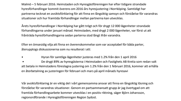 Heimstaden och Hyresgästföreningen sluter överenskommelse