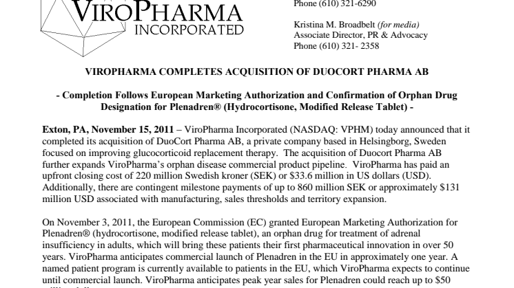 VIROPHARMA COMPLETES ACQUISITION OF DUOCORT PHARMA AB