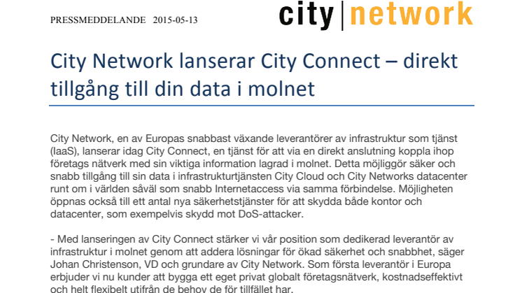 City Network lanserar City Connect – direkt tillgång till din data i molnet