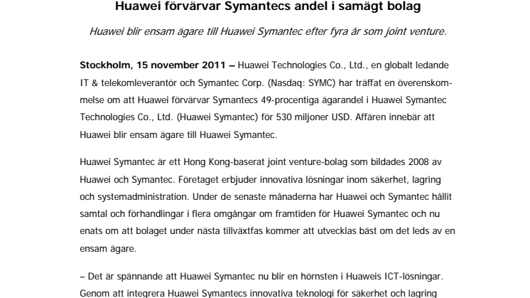 Huawei förvärvar Symantecs andel i samägt bolag