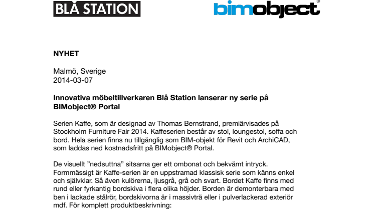Innovativa möbeltillverkaren Blå Station lanserar ny serie på BIMobject® Portal