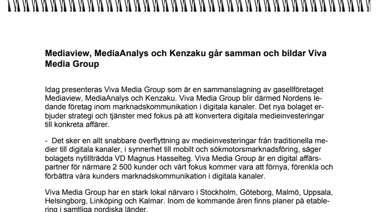 Mediaview, MediaAnalys och Kenzaku går samman och bildar Viva Media Group 
