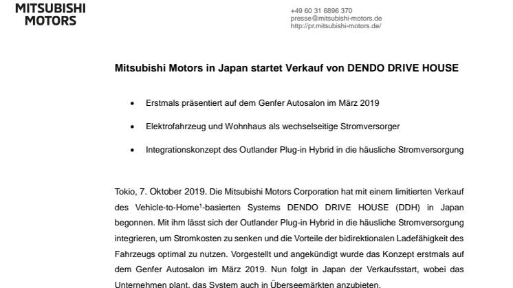 Mitsubishi Motors in Japan startet Verkauf von DENDO DRIVE HOUSE 