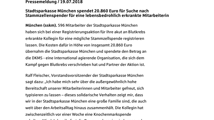 Stadtsparkasse München spendet 20.860 Euro für Suche nach Stammzellenspender für eine lebensbedrohlich erkrankte Mitarbeiterin