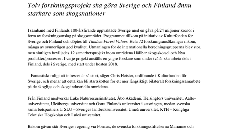 Tolv forskningsprojekt ska göra Sverige och Finland ännu starkare som skogsnationer
