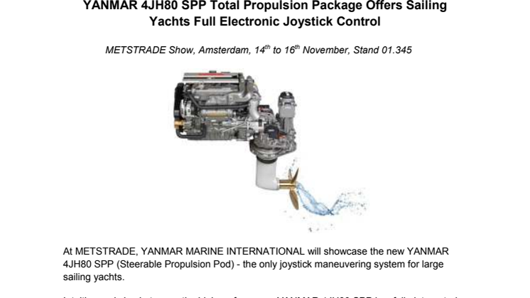 YANMAR 4JH80 SPP Total Propulsion Package Offers Sailing Yachts Full Electronic Joystick Control