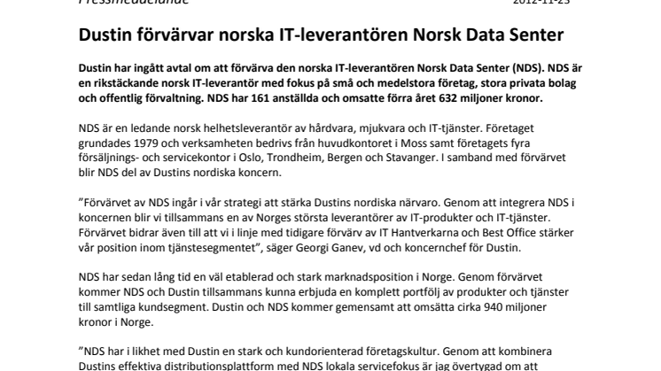 Dustin förvärvar norska IT-leverantören Norsk Data Senter
