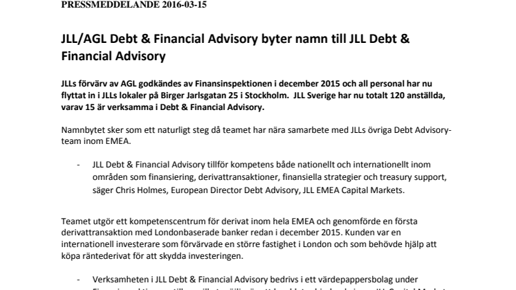 JLL/AGL Debt & Financial Advisory byter namn till JLL Debt & Financial Advisory