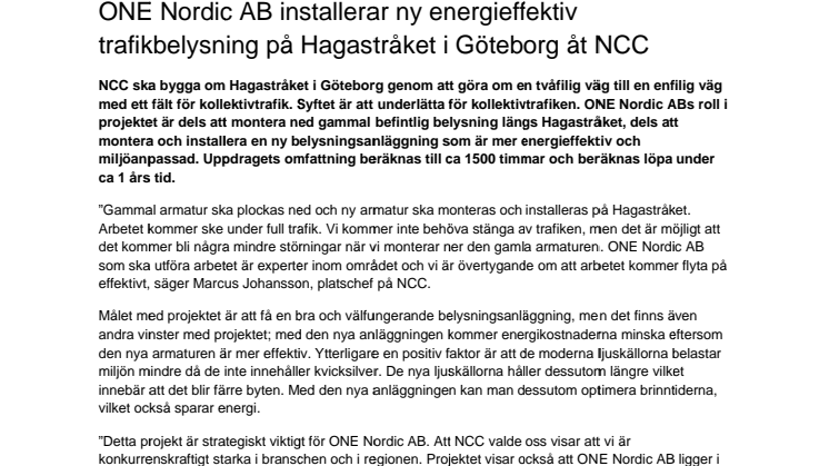 ONE Nordic AB installerar ny energieffektiv trafikbelysning på Hagastråket i Göteborg åt NCC