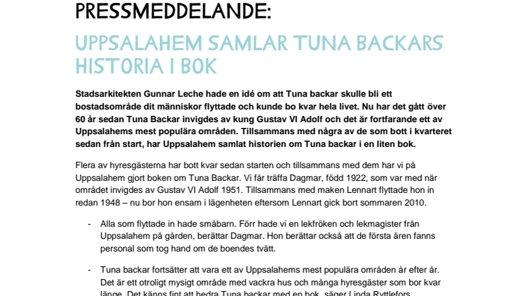Uppsalahem samlar Tuna Backars historia i en bok