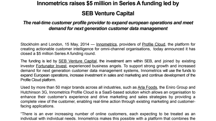 Innometrics raises $5 million in Series A funding led by  SEB Venture Capital