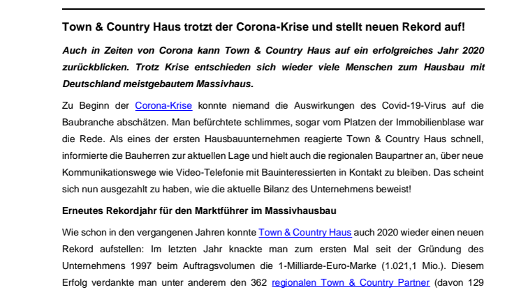 Town & Country Haus trotzt der Corona-Krise und stellt neuen Rekord auf!