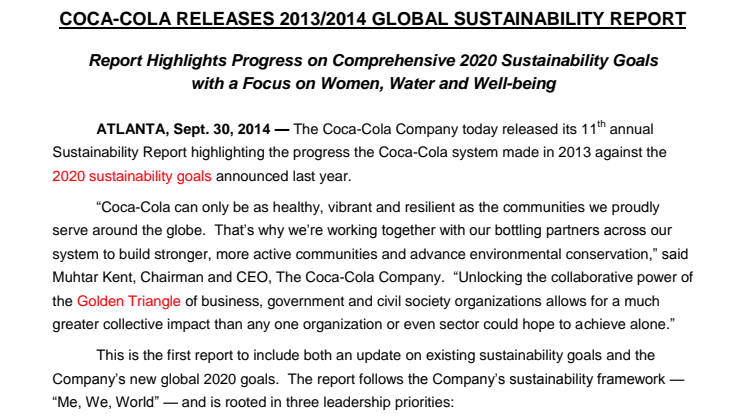Coca-Cola julkaisi globaalin vastuullisuusraportin 2013/2014 