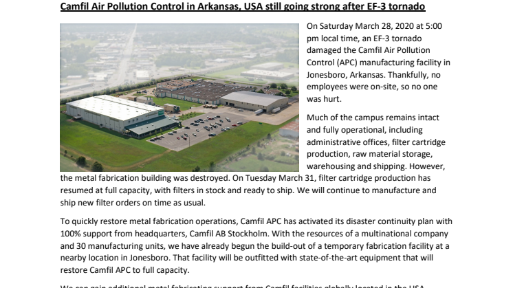 Camfil Air Pollution Control in Arkansas, USA still going strong after EF-3 tornado 
