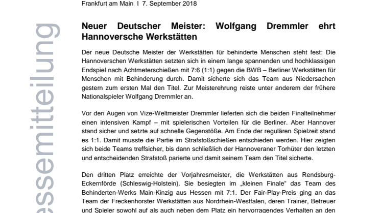 Neuer Deutscher Meister: Wolfgang Dremmler ehrt Hannoversche Werkstätten