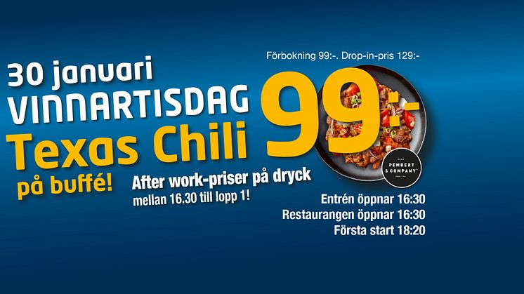 Entré, mat, stallbacksvisning, speltips, spelskola – allt för 99 kr. Dessutom inleds kvällen med AW–priser på dryck.