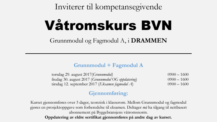 Invitasjon til våtromskurs - GMAM i Drammen - oppstart 29 august 2017