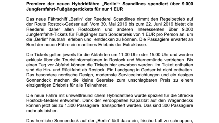 Premiere der neuen Hybridfähre „Berlin“: Scandlines spendiert über 9.000 Jungfernfahrt-Fußgängertickets für nur 1 EUR