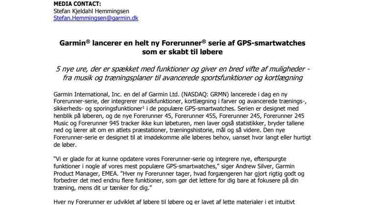 Garmin® lancerer en helt ny Forerunner® serie af GPS-smartwatches som er skabt til løbere