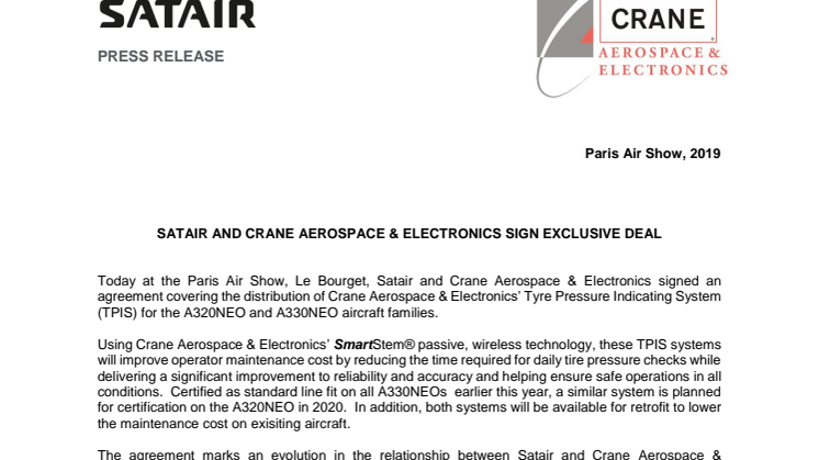 SATAIR AND CRANE AEROSPACE & ELECTRONICS SIGN EXCLUSIVE DEAL 