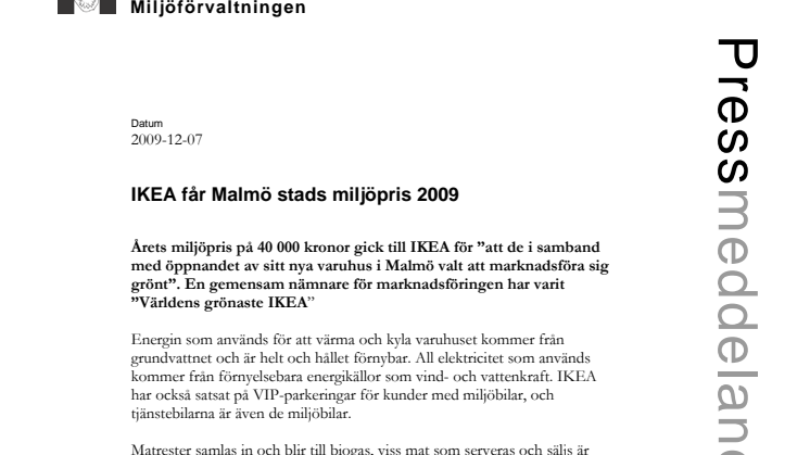 IKEA får Malmö stads miljöpris 2009