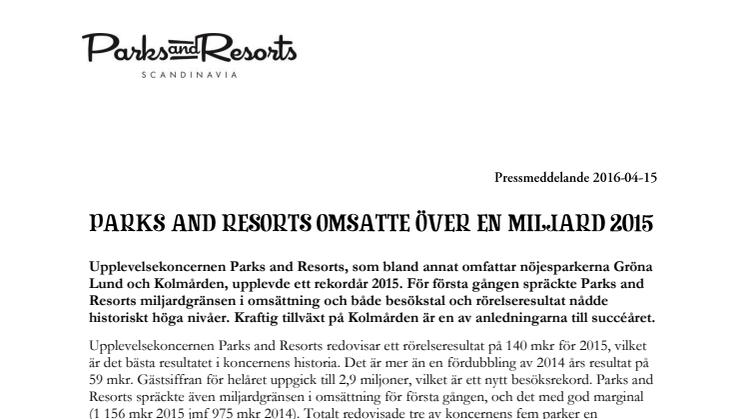 Parks and Resorts omsatte över en miljard 2015