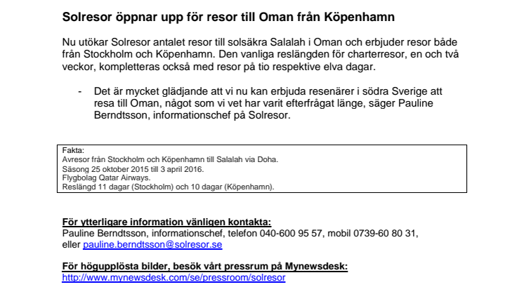 Solresor öppnar upp för resor till Oman från Köpenhamn
